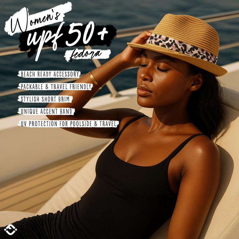 Funky Junque Women's Summer Fashion Straw Fedora Hat, UPF 50+ Adjustable Short Brim Sun Hat - Leopard Band - Natural - Image 2